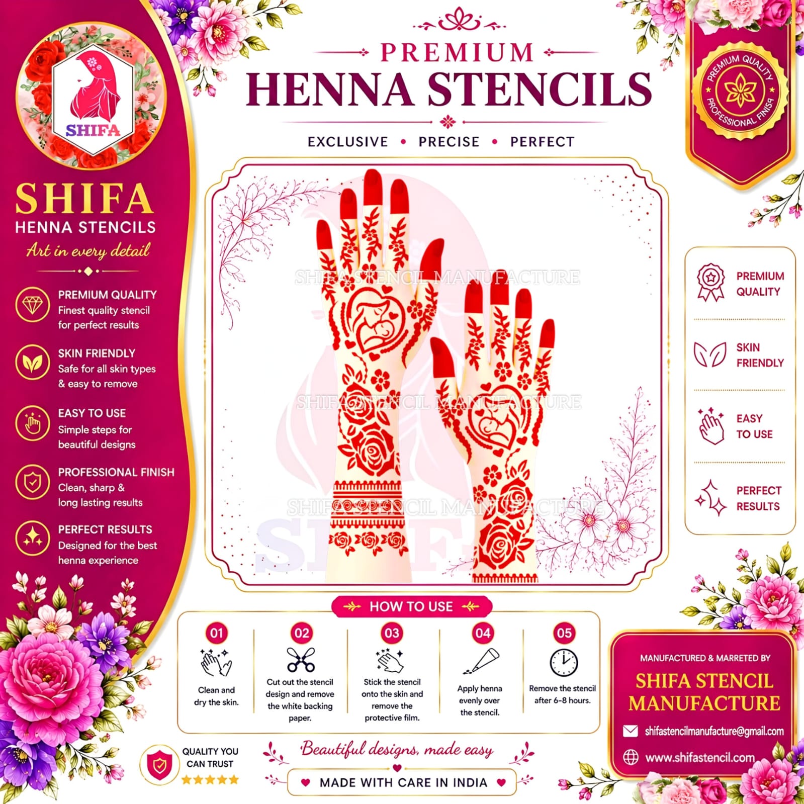 BSN 58 Mom with Baby Themed Floral design Sticker Overview Henna Stencil
